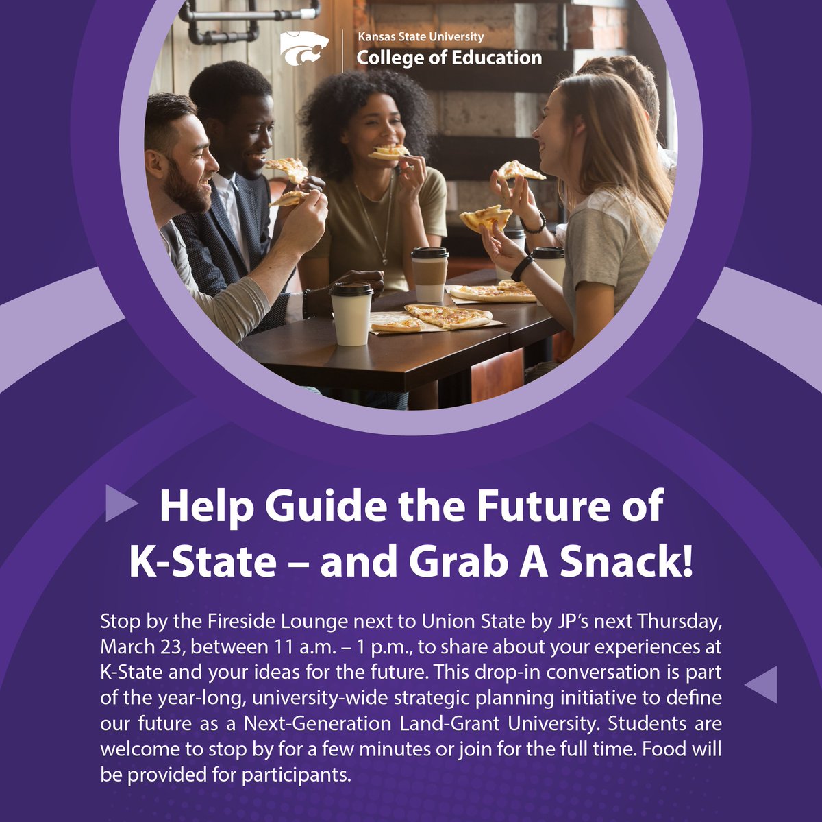 KSUCollegeofEd's tweet photo. Students! Stop by JP's in the Union for this drop-in conversation and grab yourself a snack! This Thursday starting at 11am! @kstatestudentunion https://t.co/NAcuxme4eE