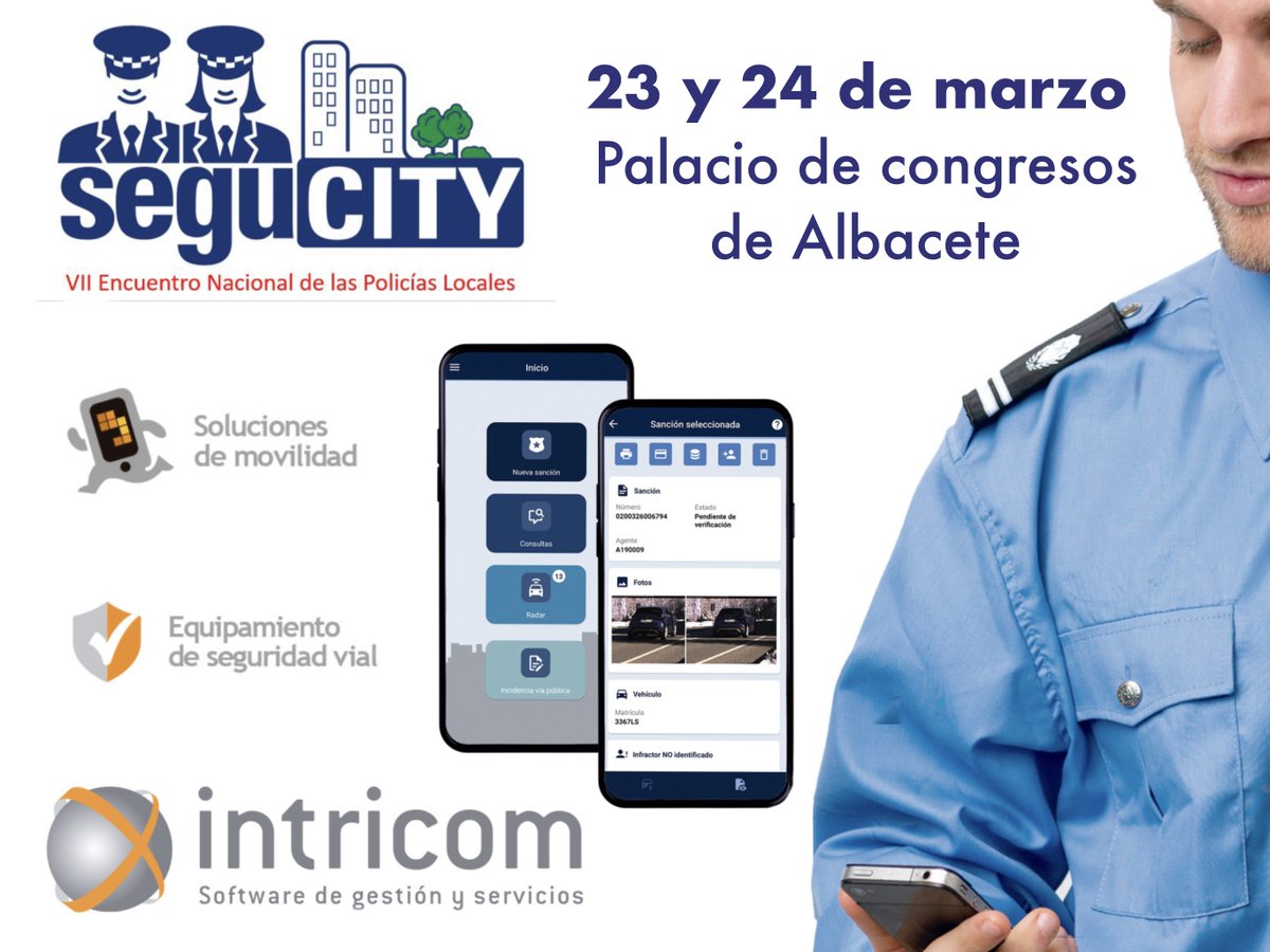 intricom's tweet photo. INTRICOM, patrocina y participa en el Encuentro Nacional de la Seguridad Local #SeguCITY que se celebrará el 23 y 24 de marzo en el Palacio de Congresos de Albacete.

Mostraremos nuestro #software de #sanciones y todos nuestros servicios relacionados con la #seguridadvial. https://t.co/vBfr1V4wf2