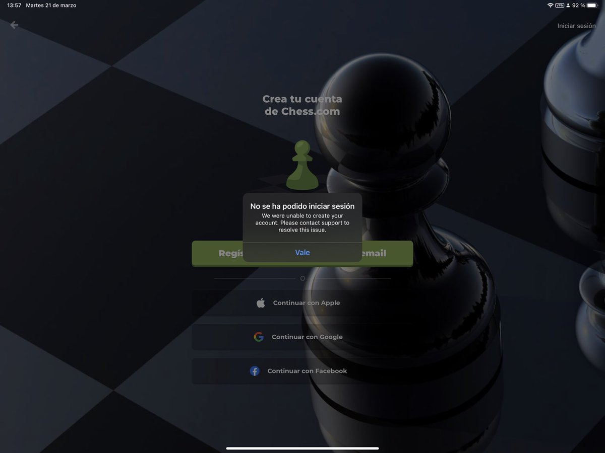 RicardodePaz's tweet photo. ⁦@chesscom_es⁩ buenos días, llevo 48 horas con este error. Intento iniciar sesión con mi cuenta de siempre y lo considera que estoy creando una cuenta y me da error. Quedo a la espera de sus comentarios para resolver este incómodo problema. https://t.co/yXAHYf3gQu