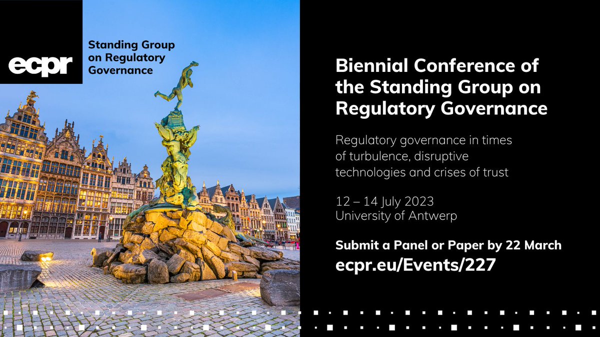 European Consortium for Political Research (@ecpr) on Twitter photo 🙋 Would you like to be part of Europe's leading interdisciplinary gathering on #regulation & regulatory #governance? 👇
✍️ Submit a Panel or Paper to the <a href="/Reg_Gov/">RegGov</a> Biennial Conference 📅 12–14 Jul 2023 📍 Antwerp 🇧🇪
⏳ Deadline midnight GMT 22 Mar ecpr.eu/Events/227 🙋 Would you like to be part of Europe's leading interdisciplinary gathering on #regulation & regulatory #governance? 👇
✍️ Submit a Panel or Paper to the <a href="/Reg_Gov/">RegGov</a> Biennial Conference 📅 12–14 Jul 2023 📍 Antwerp 🇧🇪
⏳ Deadline midnight GMT 22 Mar ecpr.eu/Events/227
