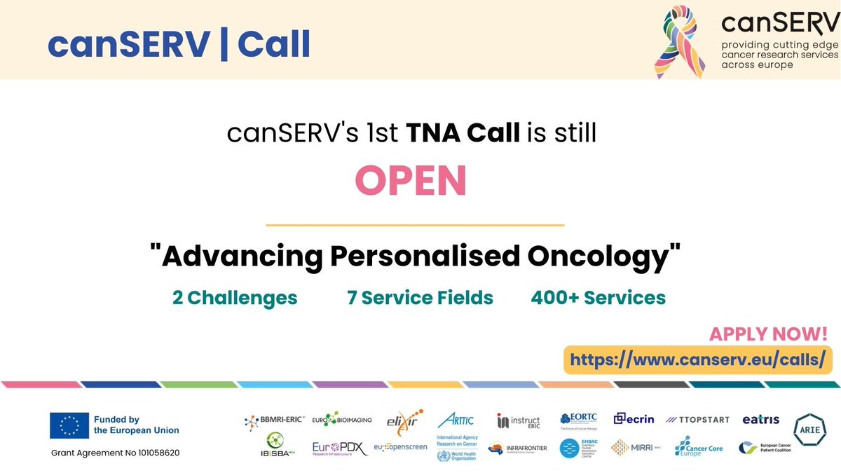 canSERV_EU's tweet photo. ⚠️DON'T FORGET #canSERV_EU's #CallforProposal on "Advancing Personalised Oncology" 🎗️

Are you a cancer researcher &amp; interested in getting 🆓access to #ResearchInfrastructure services? Check out our2️⃣challenges and more than 4️⃣0️⃣0️⃣ services 💪  

Go to👉https://t.co/HytCOBru7k https://t.co/95BsCEBxRk