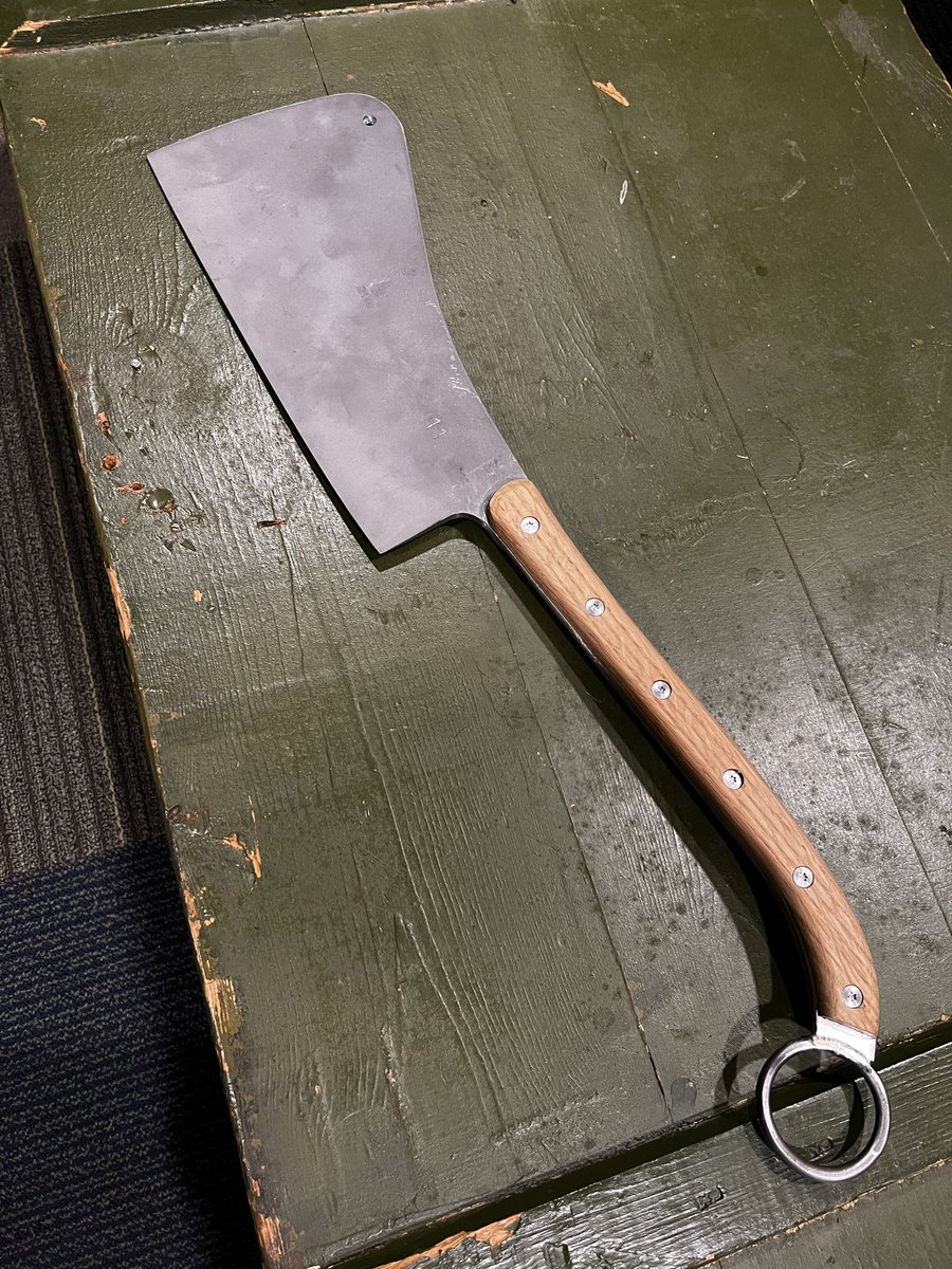 baker_mustache's tweet photo. First prototype close to being done. The blade needs an edge and to clean off the 10,000 fingerprints.  #cleaver #carcasssplitter #hogsplitter #bladesmith #knifemaking https://t.co/VS8568yIgn
