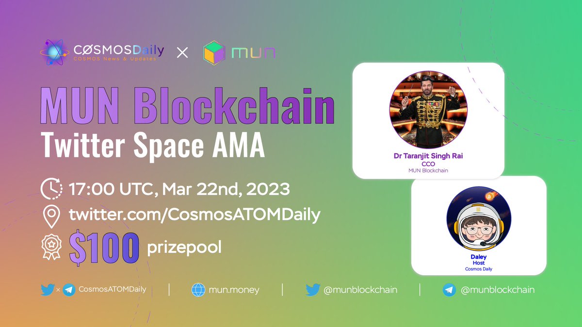 We're excited to announce that we'll be hosting an AMA Twitter Space with <a href="/munblockchain/">MUN ⚛️ The Remittance Blockchain</a>

🗓 Date: Mar 22nd at 17:00 UTC

📍 Venue: x.com/i/spaces/1RDxl…

🎁 Prize Pool: $100

👉 How to win:
1️⃣Follow <a href="/munblockchain/">MUN ⚛️ The Remittance Blockchain</a> &amp; <a href="/EatHealthyGetR1/">Crypto Guru</a>
2️⃣Ask questions in the space!
3️⃣Like &amp; RT
