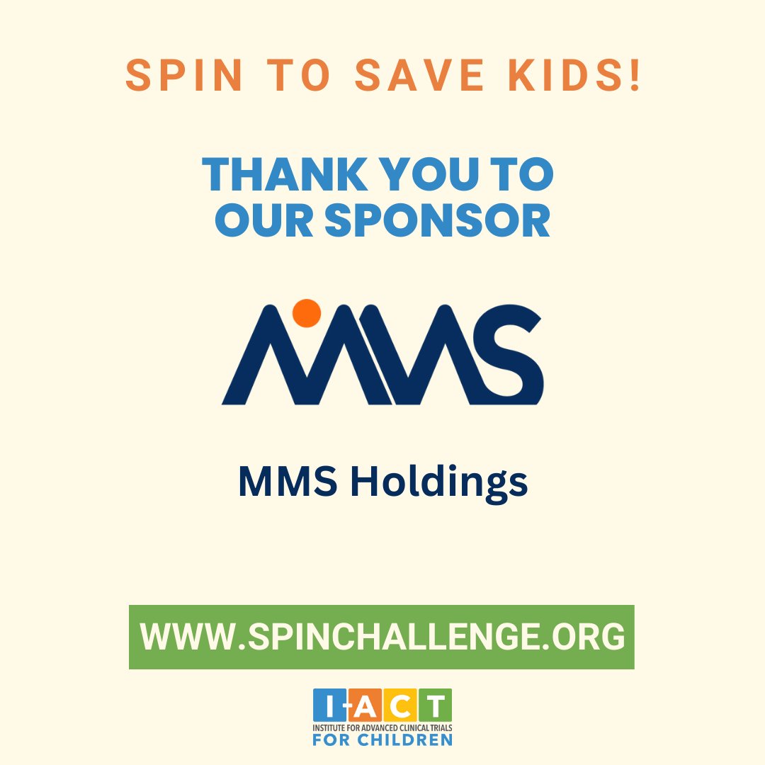 IACTForChildren's tweet photo. We'd like to thank our incredible sponsor MMS Holdings for their support of our first ever Spin to Save Kids! and #SpinChallenge campaign!

I-ACT For Children is encouraging you to join our #SpinChallenge to help us achieve more efficient Pediatric Clinical Development! https://t.co/6jtykgNa32