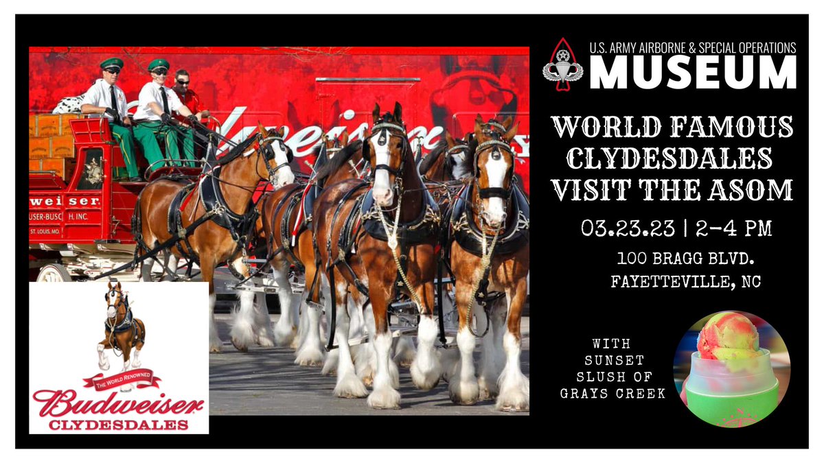 ASOMF's tweet image. Don't forget- in two days the world famous Budweiser Clydesdales will be at the ASOM from 2-4 PM!
Sunset Slush of Grays Creek will also be at the Museum for patrons to purchase Italian Ice. This is a free, family-friendly event. 

#fortbraggnc 

asomf.org/event/budweise…