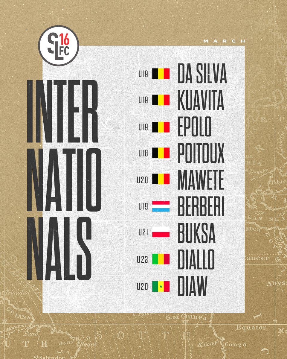 🔴⚪ 𝗦𝗟𝟭𝟲 𝗙𝗖 𝗜𝗻𝘁𝗲𝗿𝗻𝗮𝘁𝗶𝗼𝗻𝗮𝗹𝘀 🌍

🇧🇪 U19 Paulo Da Silva &amp; Léandre Kuavita
🇧🇪 U18 Matthieu Epolo, Tom Poitoux &amp; Noah Mawete
🇱🇺 U19 Rayan Berberi
🇵🇱 U21 Aleksandar Buksa
🇲🇱 U23 Boubou Diallo
🇸🇳 U20 Birame Diaw