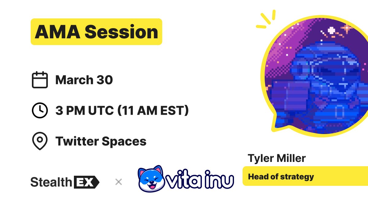 StealthEX_io's tweet photo. AMA alert! 🚨

StealthEX will have a conversation with @VitaInuCoin head of strategy @the_big_bobster  🚀

📆 March 30
⏰ 3PM UTC
📍 https://t.co/2xVlrzYHVl

Ask your questions in comments below, TOP-3 will share 12 bln $VINU 💎

Join our live session and take a chance to win 🍀 https://t.co/eEFvMvS2oP