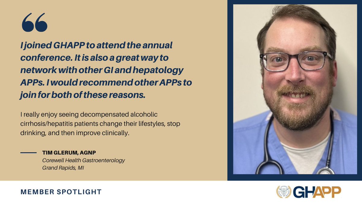 GastroHepAPP's tweet photo. Congratulations to this month's #GHAPP Member Spotlight, Tim Glerum, AGNP!
Tim is passionate about working closely with co-APPs to help patients change their lifestyles & improve their health. When he isn't working, he can be found enjoying the outdoors.
#GITwitter #LiverTwitter https://t.co/Ol581baTF2