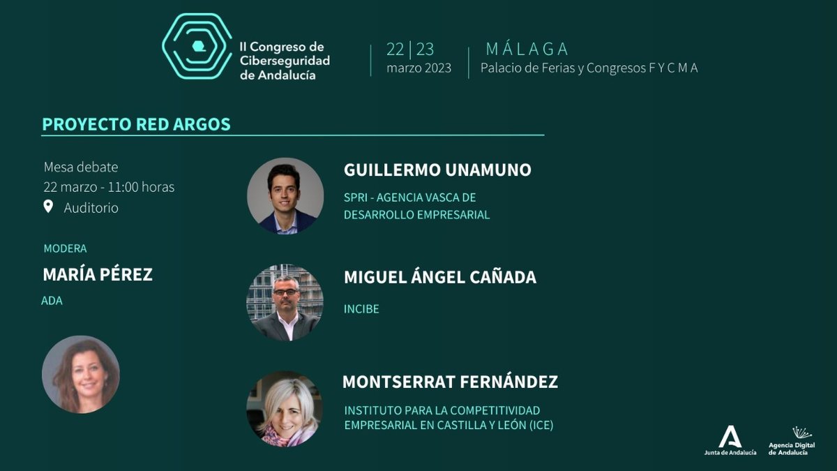 CentroCiberAND's tweet photo. II Congreso | #CiberseguridadAnd
¿Qué es el proyecto #ARGOS en el que participa #Andalucía? Nos lo presentan:
⭐Guillermo Unamuno @grupospri
⭐ @Miguel_A_Canada @INCIBE
⭐ Montserrat Fernández @empresasjcyl
🗣️ Modera @MariaPerezNar @AgenciaDigAnd
📆 22 marzo
#FEDER 2021-2027 https://t.co/KIDxMQrJ5L