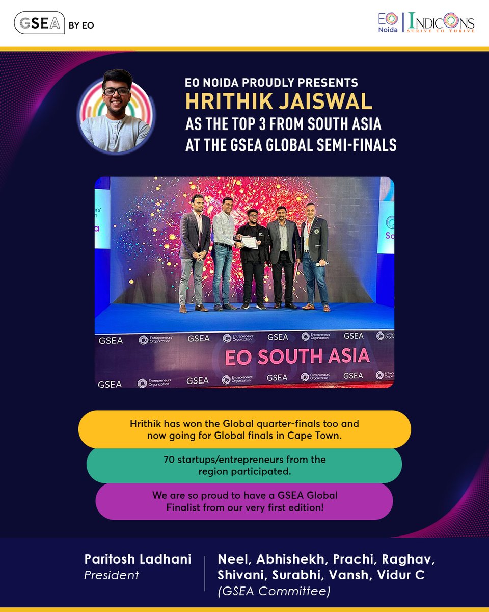 EoNoida's tweet photo. EO Noida is proud to announce that our GSEA finalist has qualified for the Global Finals! Congratulations to Hrithik Jaiswal on his outstanding achievements. We wish him continued success in the future!
@EntrepreneurOrg @EO_SouthAsia 
#eonoida #indicons #gsea #gseagloba https://t.co/xMZYAzvqCg