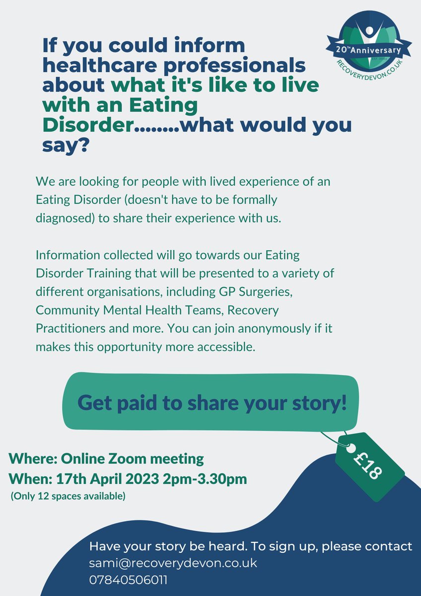 Do you know someone who has an #EatingDisorder (ED) or do you have an ED? Essential is that you live in Devon. ⁦@RecoveryDevon⁩ are seeking people with lived ED experience to contribute to a new to training package development.