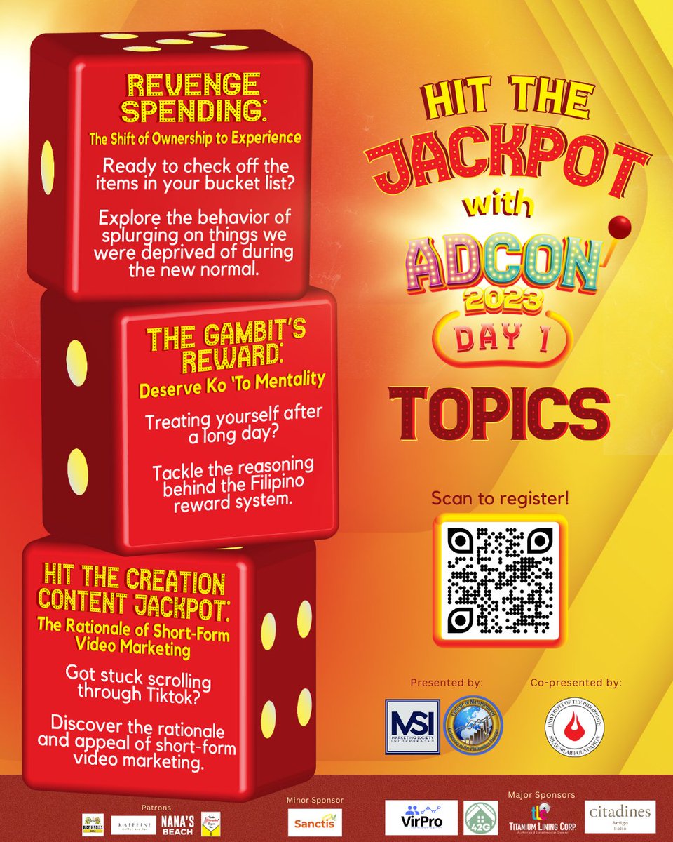 ADCON2026's tweet photo. Your next move needs the right dice! 𝐀𝐝𝐂𝐨𝐧 𝐃𝐚𝐲 𝟏 is rolling three dice to hedge your bets on. 

#AdCon2023 #AdConDay1
#YourNextMove #NewConsumerRush https://t.co/x76tvSbfMr
