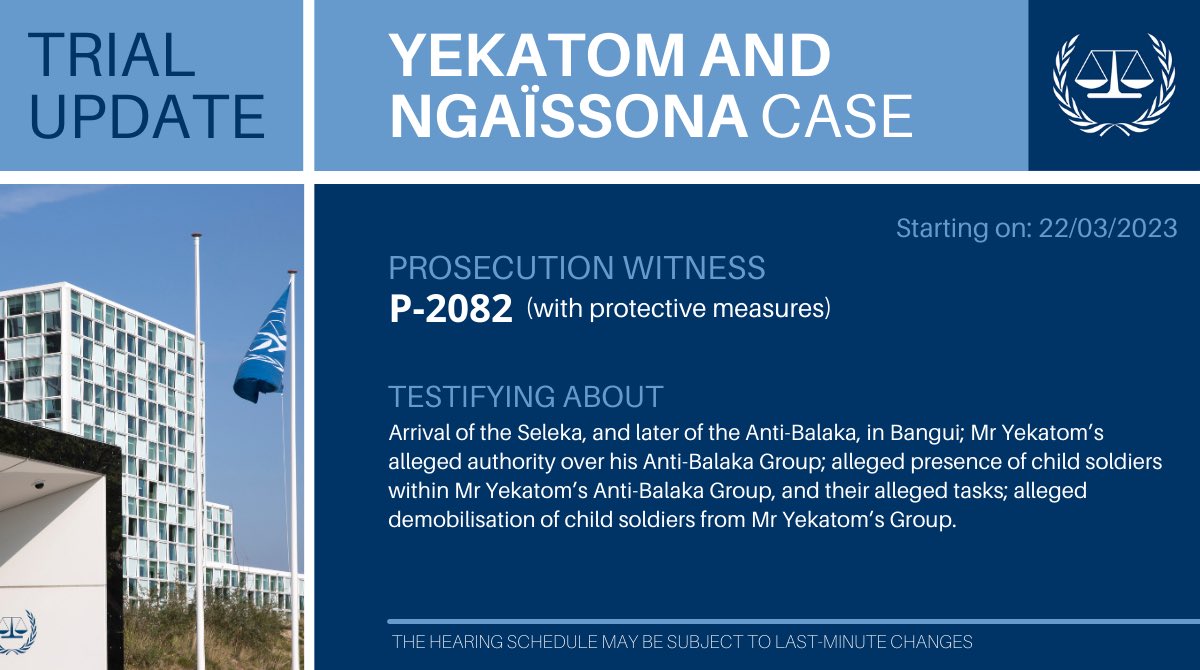 #Yekatom &amp; #Ngaïssona trial update #ICC: The 63rd witness called by the Prosecution – Witness ‘P-2082’ – will start testifying tomorrow ⬇
📺 Watch it on 22/03 at 10:00 (CET) in Courtroom 1: icc-cpi.int/streaming-all-…
📖 Case info: icc-cpi.int/carII/yekatom-… #CentralAfricanRepublic