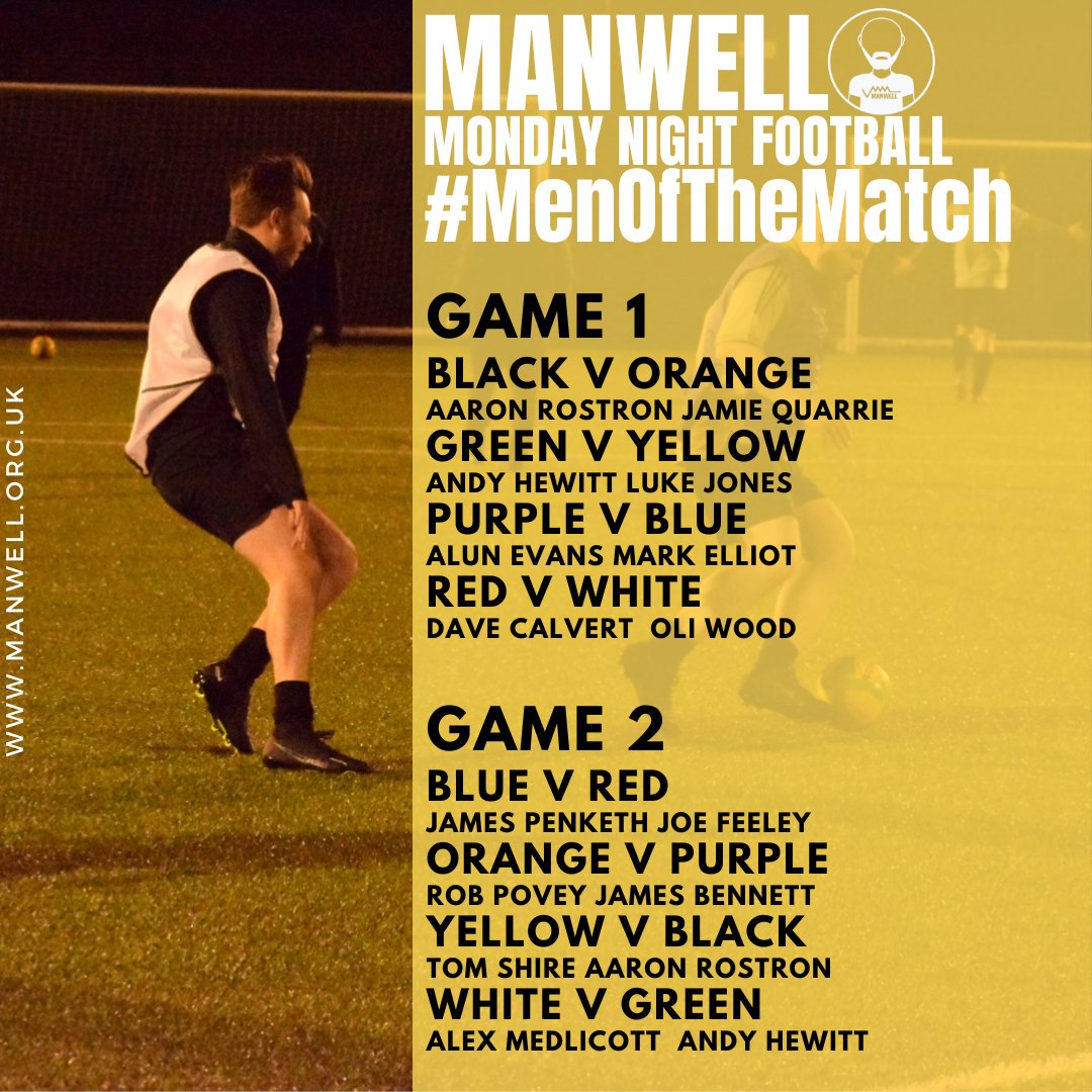 ManWellGroup's tweet photo. Your #MenOfTheMatch for Monday's games.
Well done to all of the lads nominated!
#Manwell #MondayNightFootball #WeighlossLeague https://t.co/5XXgZ5h6be