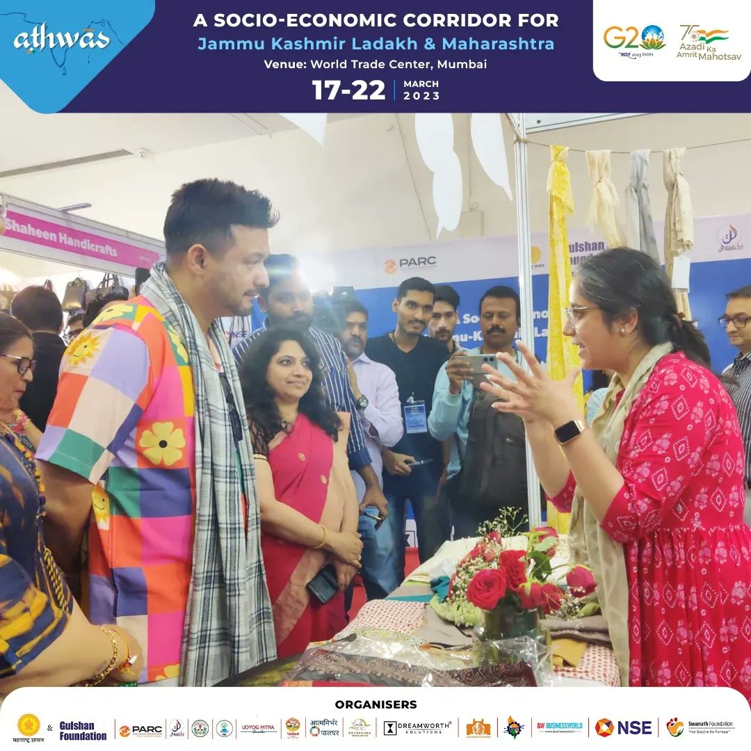 AthwasIndia's tweet photo. Shri @swwapniljoshi Sir graced us with his charismatic presence today at Athwas. Come visit the expo today or until tomorrow, 22nd Mar'23. 

The Arcade, 
World Trade Center, 
Cuffe Parade, Mumbai

#athwas #athwasindia #jammukashmir #ladakh #event #socioeconomic #maharashtra #expo https://t.co/p7BEN7bA6I