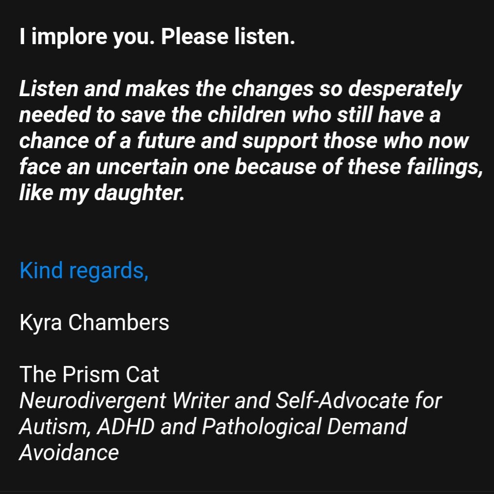 This email is 2701 words long and still doesn't contain every experience..
@teamsquarepeg 

#noschoolfines #NotFineInSchool #EBSA  #SEND #SendNationalCrisis #EHCP #neurodivergent #Cantnotwont #educationuk #inclusiveeducationforall #ukgovernment  #PathologicalDemandAvoidance