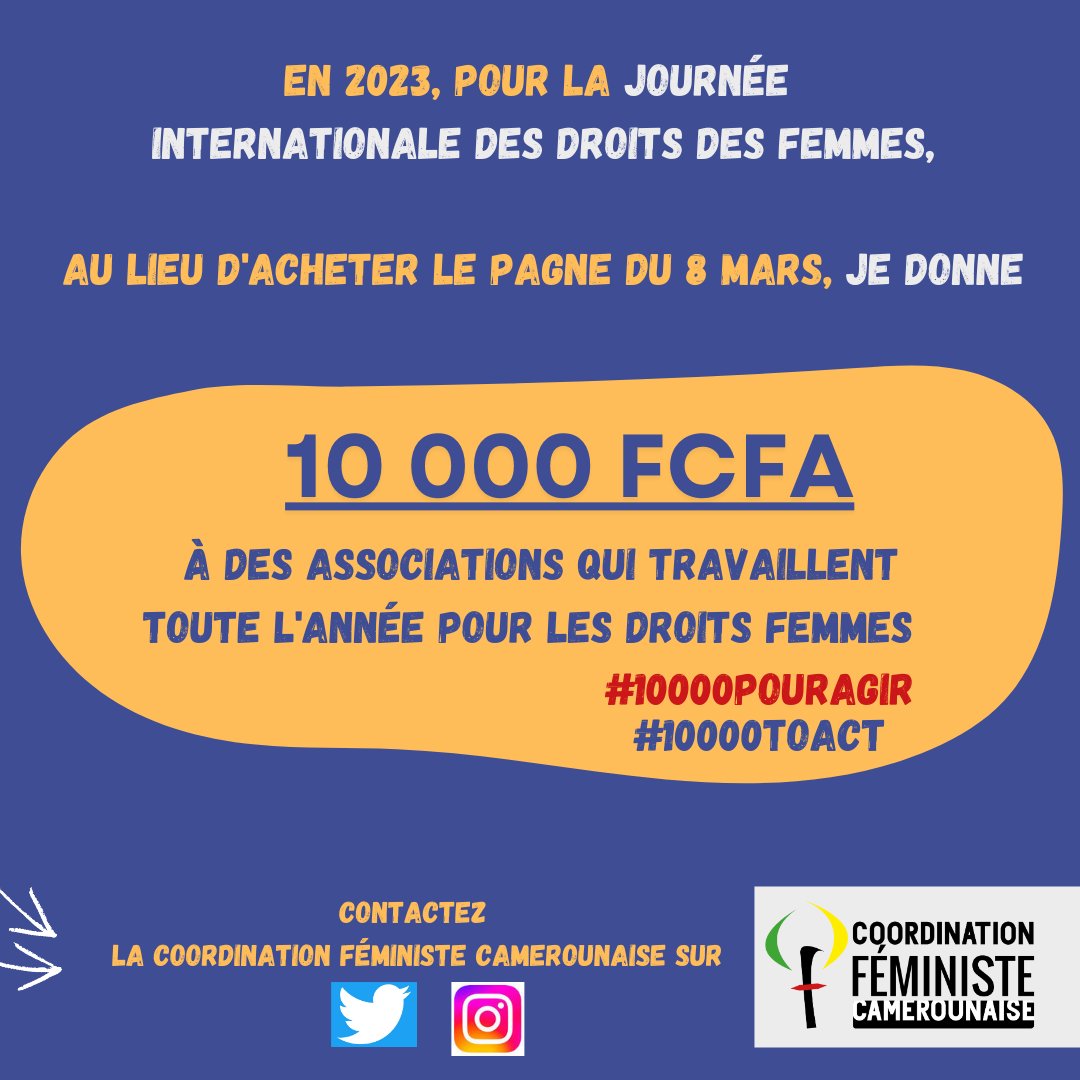 Fm1Camerounaise's tweet photo. La lutte pour les droits des femmes demande de l'engagement, de la formation, de l'équipement, du personnel, mais surtout des financements. Vous aussi pouvez mettre la main à la pâte en donnant #10000POURAGIR
#10000TOACT https://t.co/c2bmRRmAZM