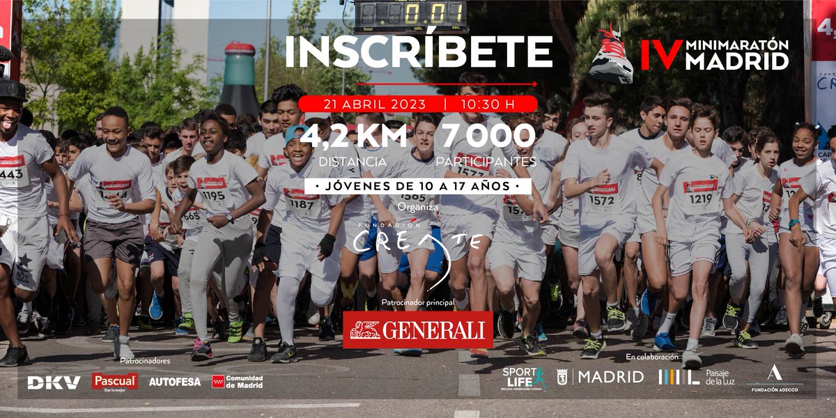 minimaratonmad's tweet photo. No te quedes sin dorsal para #MiniMaratonMadrid23! 
🏃‍♀️La única maratón solo para jóvenes: #deporte #niñas #salud #inclusión #sostenibilidad 
✍️hasta el 27/3 https://t.co/pN5teKIKE0
@FundCreate @GENERALI_es @sportlife_es  
@fund_adecco @MADRID @ComunidadMadrid
@DKVSeguros @Pascual https://t.co/uIlRgrluRs