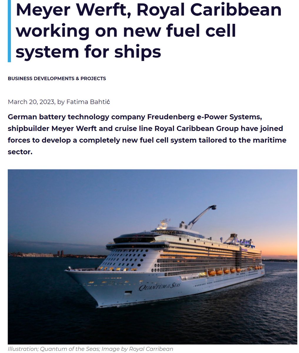 KeithDPatch's tweet image. #truthinadvertising
1) Hydrogen fuel cell for Royal Caribbean's 𝘐𝘤𝘰𝘯 𝘰𝘧 𝘵𝘩𝘦 𝘚𝘦𝘢𝘴 LNG-powered ship will 𝗻𝗼𝘁 provide motive power, but only supply hotel load in port.
2) No specs on nor OEM for #fuelcell provided.@BallardPwr was supplier in 2017
#LNG  #hydrogen #H2