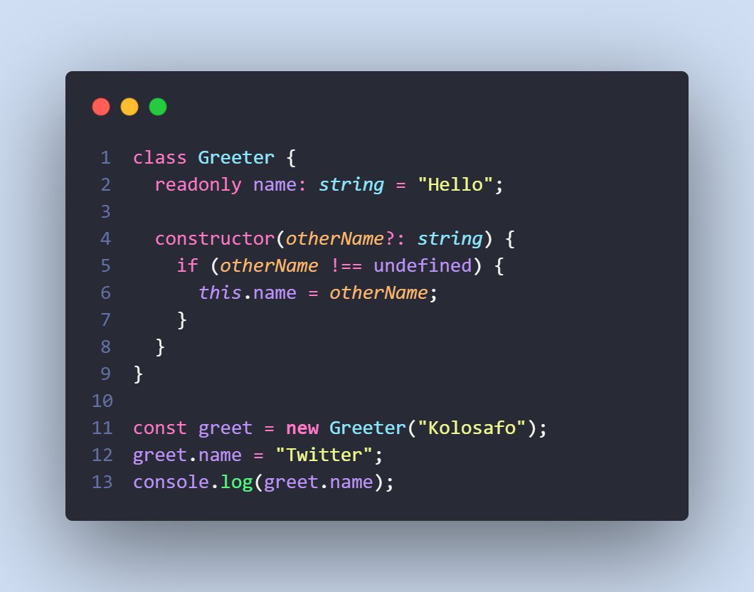 dauda_kolo's tweet image. What is the output of this code?
A: "Kolosafo"
B: Error
C: "Twitter"
D: "Hello
#TypescriptTip #TypescriptTip #javascript #programming