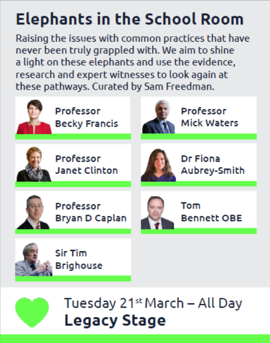 Don’t miss @BeckyFrancis7, Prof Mick Waters, @janet_clinton, @FionaAS, @bryan_caplan, @tombennett71 and Sir Tim Brighouse today on the Legacy Stage with Elephants in the Room at #WorldEdSummit on the educators platform bit.ly/3lowqbj