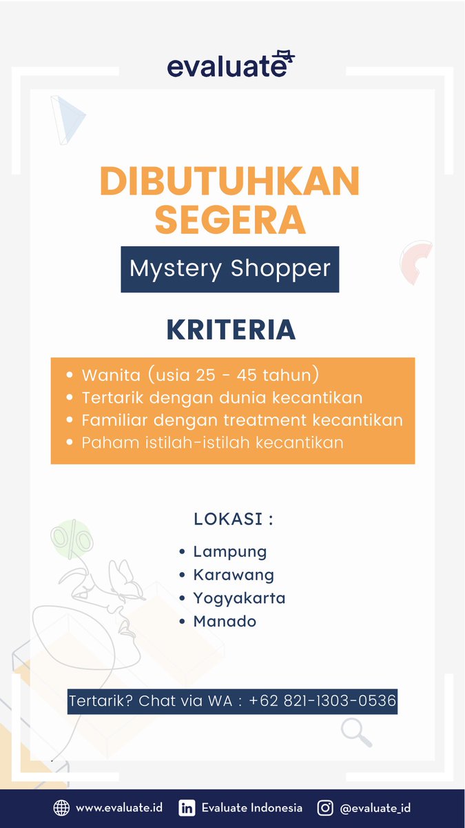 Dibutuhkan : Mystery Shopper yang paham soal KECANTIKAN!

Minat? Yuk Chat ke : 0821 1303 0536

cc <a href="/ezash/">Eza Hazami - ハザミ。エザ</a> <a href="/monicanggar/">Monica Anggar</a> @apamungkasa <a href="/angga_fzn/">Angga Fauzan </a> <a href="/srl789/">Samuel Ray</a> <a href="/hrdbacot/">HRD BACOT</a> <a href="/GhilmanAmri/">Ghilman Amri</a> @mas_recruiter