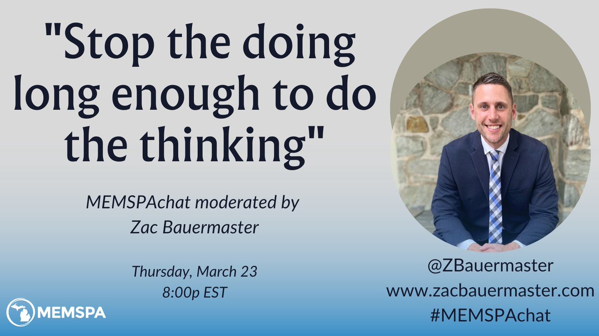 Join #MEMSPAchat Thursday at 8pm EST w/ @ZBauermaster. 

#mdedchat
 @Maespmd
@mdmassp
@SchoolLeadersFL
#FASAConf
@PrincipalDaub
@LAPspeaks
#LAedchat
@laedchat
#pblchat
#PersonalizedPD 
#edchat
#XPLAP 
#SDedchat
#LAedchat
#mdedchat
#NJed
#edchatma
#MSAAchat 
#LEADERSHIPCHAT