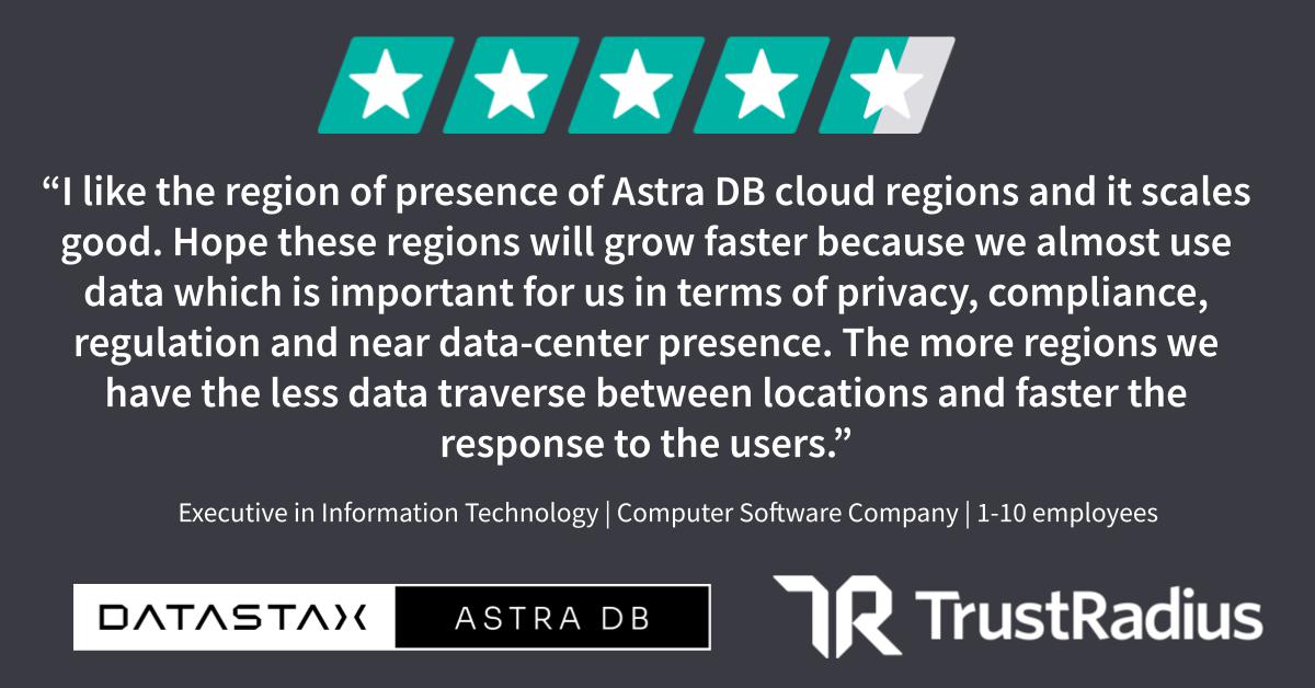 ChimSandra's tweet photo. ✔️ Multi-region ✔️ Multi-cloud ✔️ Global scale 
See even more reasons why customers are turning to Astra DB to grow and scale their real-time applications: https://t.co/ys45CSy8j2 

#TrustRadius #DBaaS #ApacheCassandra #Serverlesss https://t.co/sN28FkcZdl