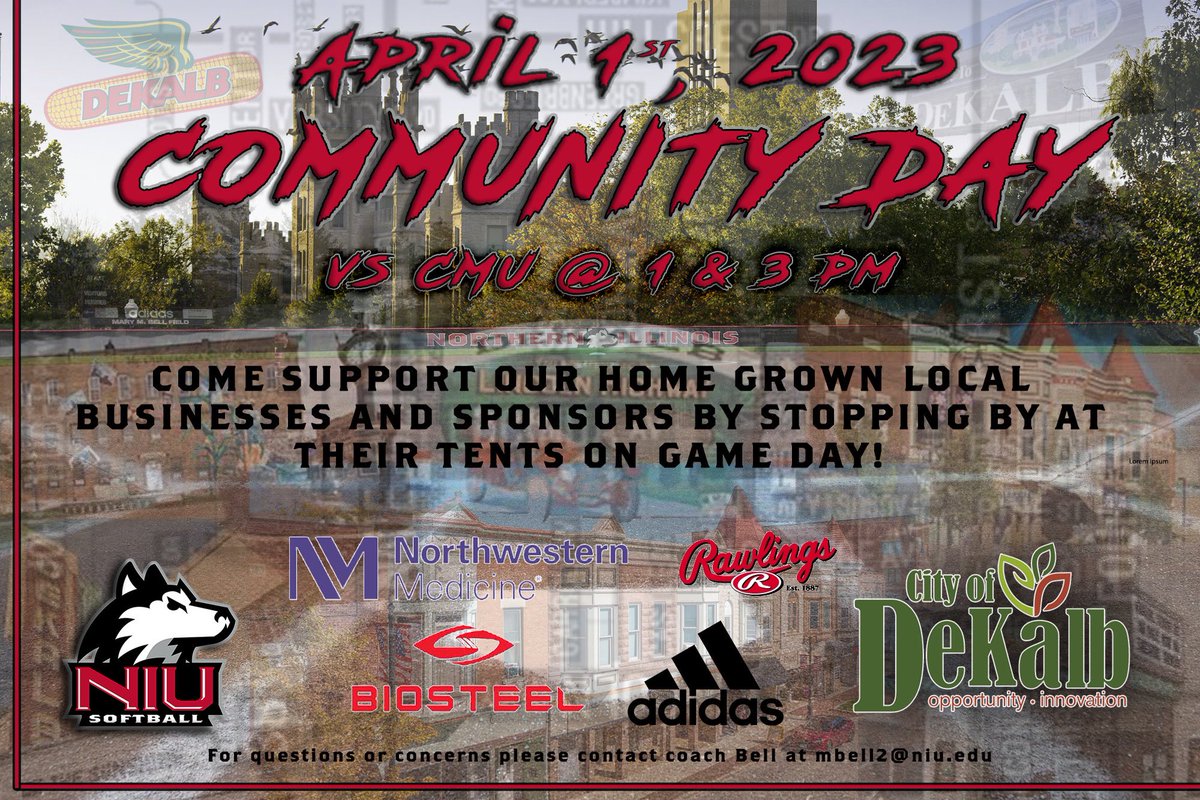 DEKALB COMMUNITY  🌽<a href="/DeKalbILChamber/">DeKalb Chamber of Commerce</a> we’d love to have all local businesses come to the Bell on April 1st. Come bring awareness to your business while supporting Huskie softball as we honor all you do for our community. Pre registration is required here: registeruo.niu.edu/Ungerboeck_Pub…