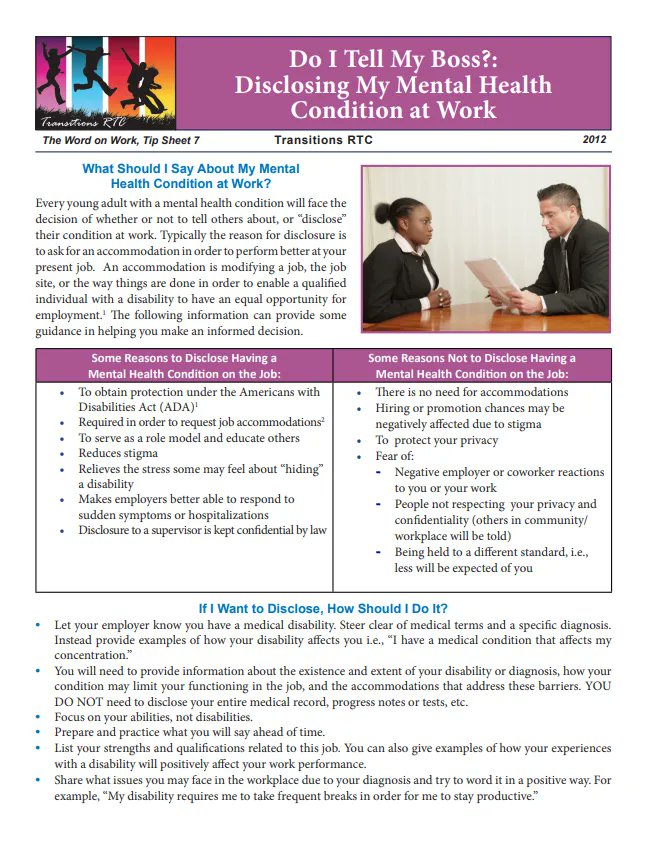 TransitionsACR's tweet photo. Use this info to make an informed decision about disclosing a #MentalHealth condition at work:
Do I Tell My Boss?: Disclosing My Mental Health Condition at Work
https://t.co/DpvwWGAqo6
#TipSheetTuesday
#MentalHealthAccommodations
#MentalHealthDisclosure
#MentalHealthAtWork https://t.co/87fNn6PtTX