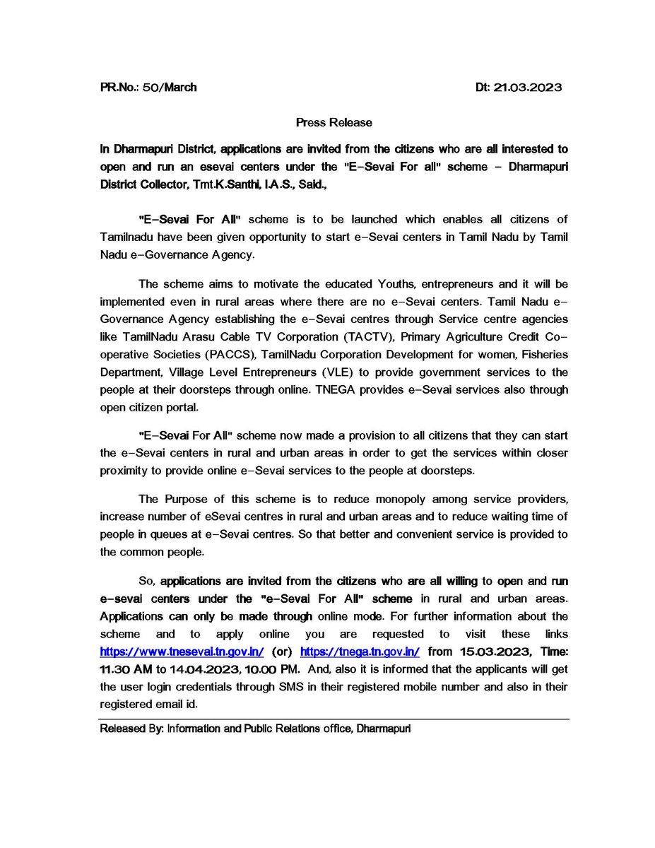 collrdpi's tweet photo. Press Release

In Dharmapuri District, applications are invited from the citizens who are all interested to open and run esevai centers under the “E-Sevai For all” scheme https://t.co/yHGEPfj4sf