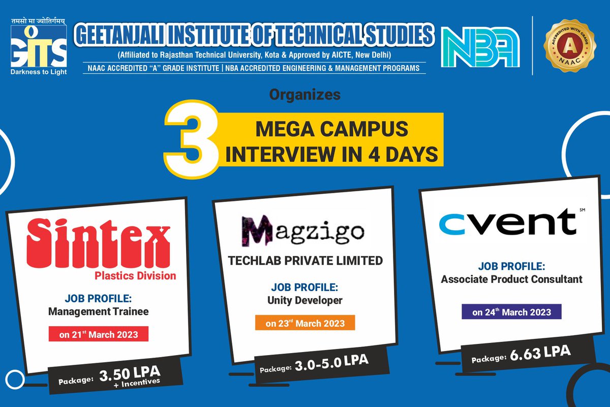 gitsudr's tweet photo. Geetanjali Institute of Technical Studies organises 3 #CampusInterview in 4 Days :

1. #Sintex 
2. #Magzigo 
3. #Cvent Ltd.

GITS-Career Development Centre https://t.co/rDb7e6xELp