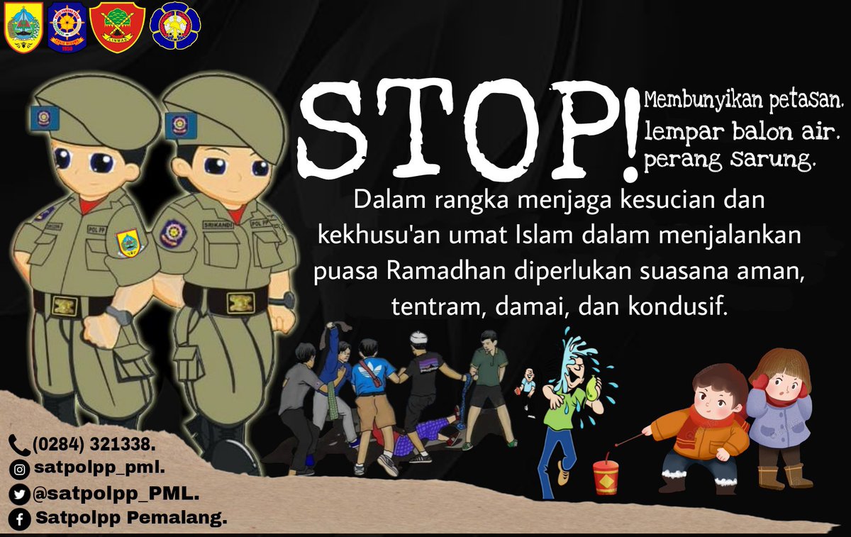 Sobat Praja!
Dalam rangka menjaga kesucian dan kekhusu'an umat Islam dalam menjalankan puasa Ramadhan diperlukan suasana aman, tentram, damai, dan kondusif. Stop Membunyikan petasan, lempar balon air, perang sarung yang mengakibatkan tawuran serta jatuhnya korban
@Mansur_Hidayat2