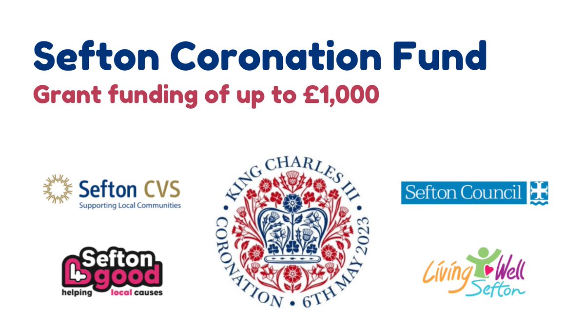 Funding | Sefton Coronation Fund 2023 now open! 

Community groups and organisations in #Sefton can apply for grant funding to deliver social and community activities in recognition of the Coronation of His Majesty The King. 

For more info and to apply: seftoncvs.org.uk/coronationfund