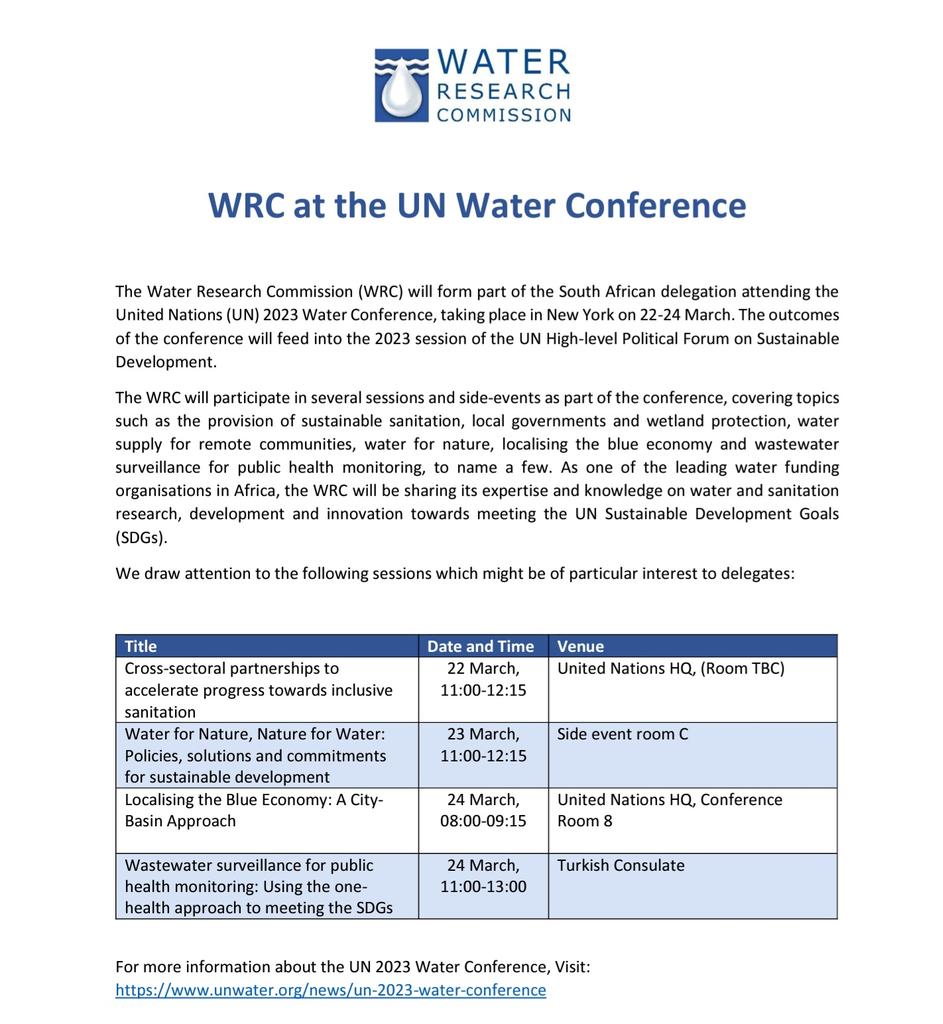#UN2023WaterConference The UN 2023 Water Conference will bring together all stakeholders to take bold #WaterAction and address the challenges surrounding water. See the <a href="/WaterResearchSA/">WRC</a> sessions 

🗓️ 22-24 March
➡️ bit.ly/Water2023