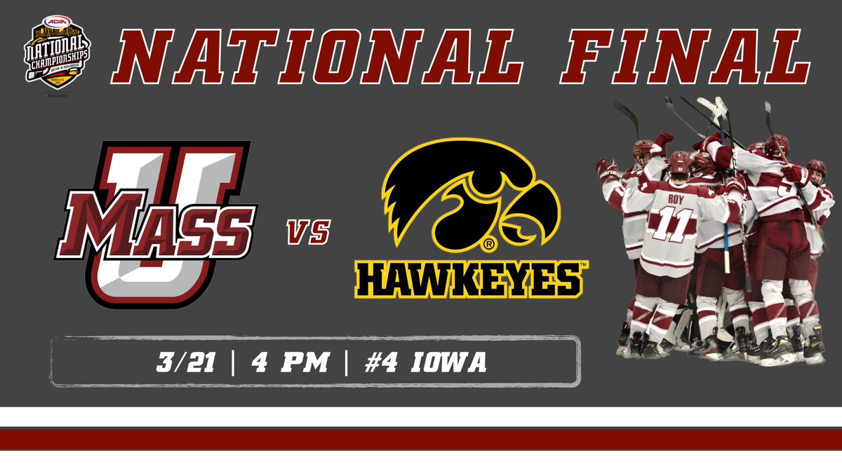 UMassACHAhockey's tweet photo. 🚨 NATIONAL CHAMPIONSHIP 🚨 

Six months of hard work and dedication. Your Minutemen have a chance to win a National Championship TODAY. 

Come on down and support!

📍 New England Sports Center
       Rink 1 | Marlboro, MA
⏰ 4 PM
🆚 Iowa Hawkeyes 
🖥️ https://t.co/Pywu6Rosid https://t.co/9GLjfZVPji