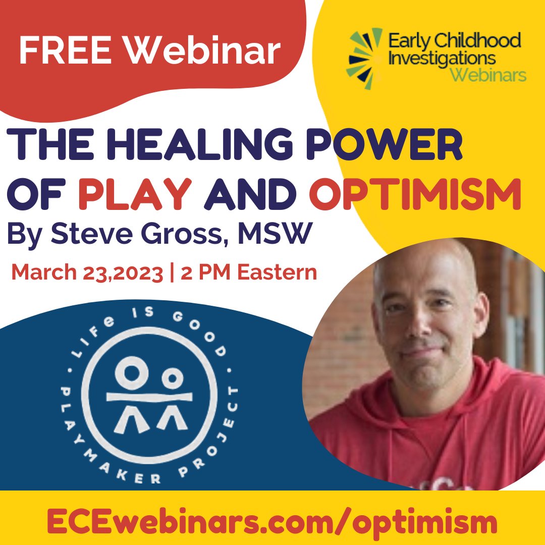 THURSDAY: PLAY + OPTIMISM can heal in #earlyed. Join Steve Gross from @LifeIsGoodPlaymakers, in a free webinar to explore #traumainformed play.  mailchi.mp/earlychildhood…  #ECE #earlyintervention #SEL #socialemotional #kinderchat #childcare #preschool #kindergarten #ECEchat
