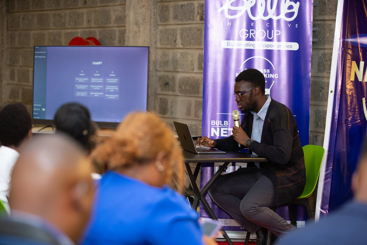 PeterOkwara's tweet photo. Had a blast at @BulbInteractive event talking about how AI can boost your biz with text, photo and audio magic. #ChatGPT #BulbInteractive #DigitalTransformation #CareerGo https://t.co/rv4QdnFWq1