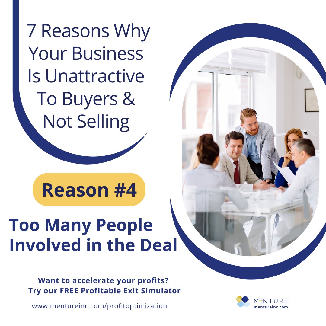 Reason # 4. Too Many People Involved in the Deal

Complexity, delay, and confidentiality breaches can result from involving too many people in a business sale. Opt for a smoother process by limiting ownership to a few individuals.

#microsale #sellmybusiness #businessforsale