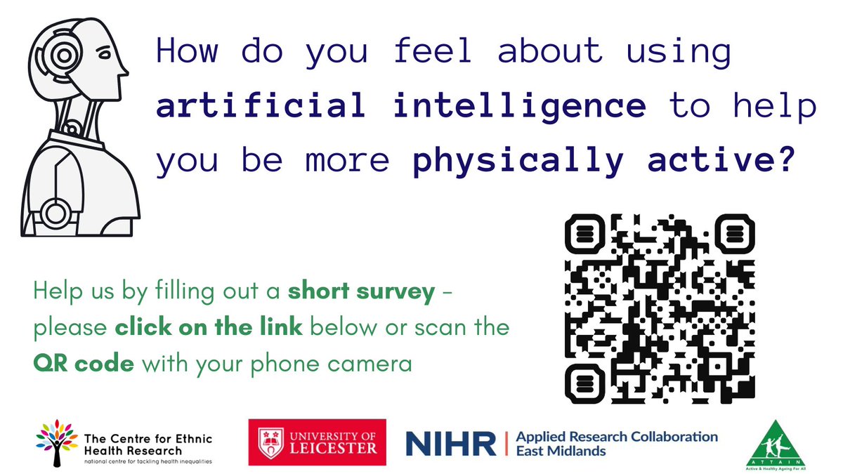 Dr Thomas Wilkinson (@tomwilks444) on Twitter photo Can AI be used to help people from ethnic minority backgrounds become more physically active?
Please share and/or let us know what you think by completing our short survey
🔗leicester.onlinesurveys.ac.uk/ai-activ-e
Further information on the project can be found here ethnichealthresearch.org.uk/ai-activ-e/ Can AI be used to help people from ethnic minority backgrounds become more physically active?
Please share and/or let us know what you think by completing our short survey
🔗leicester.onlinesurveys.ac.uk/ai-activ-e
Further information on the project can be found here ethnichealthresearch.org.uk/ai-activ-e/
