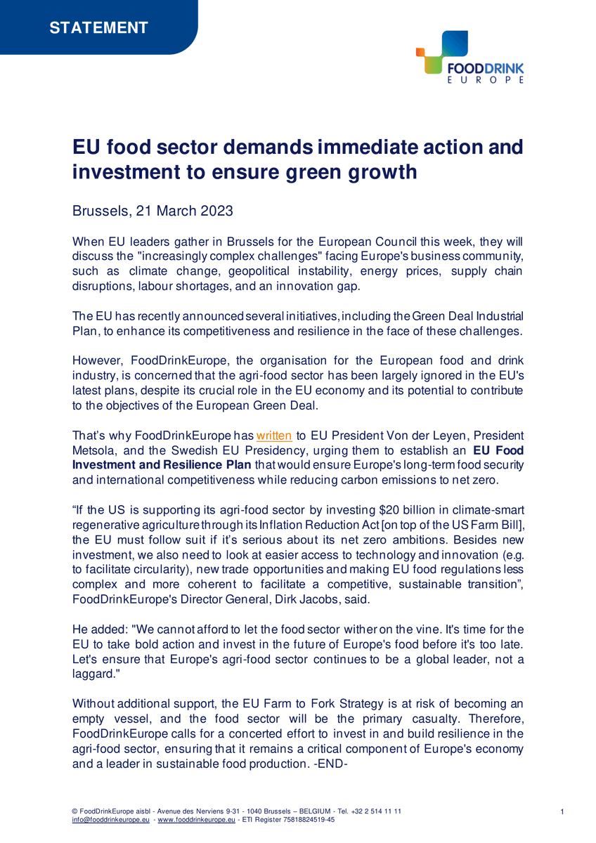 FoodDrinkEU's tweet photo. "It’s time for the EU to take bold action and invest in the future of Europe’s food before it’s too late." - @DirkJacobsEU (DG @FoodDrinkEU)

#EUFarm2Fork is at risk without serious investment. 

Read our statement on the EU's Green Deal Industrial Plan ⬇️
https://t.co/P0nrOO7Nll https://t.co/IP7yBlt3pZ