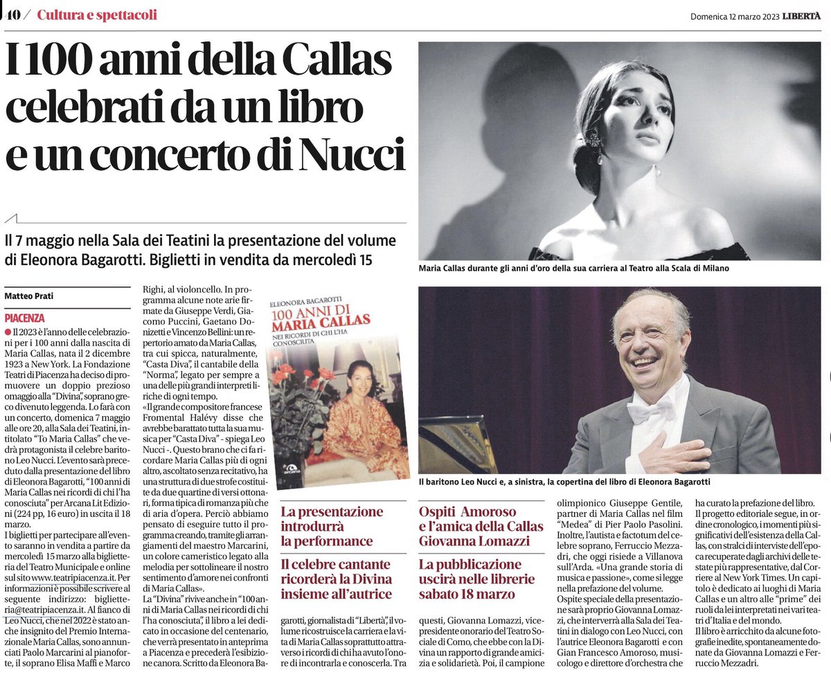mixborghi's tweet photo. A #Piacenza rivive il mito di #MariaCallas. Doppio omaggio con il libro di @eleonorathewho e il concerto di #LeoNucci #7maggio https://t.co/IK8nihf5Vc