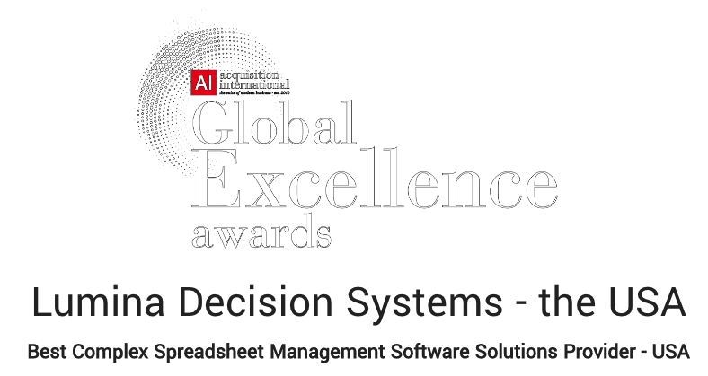 Thanks to @acquisition_int for the Global Excellence Award in 'Best Complex Spreadsheet Management Software Solutions Provider - USA'! 

It is wonderful to be selected and recognized: acquisition-international.com/winners/lumina… 

#Awards #DitchExcel #DecisionAnalysis #Modeling #Winning