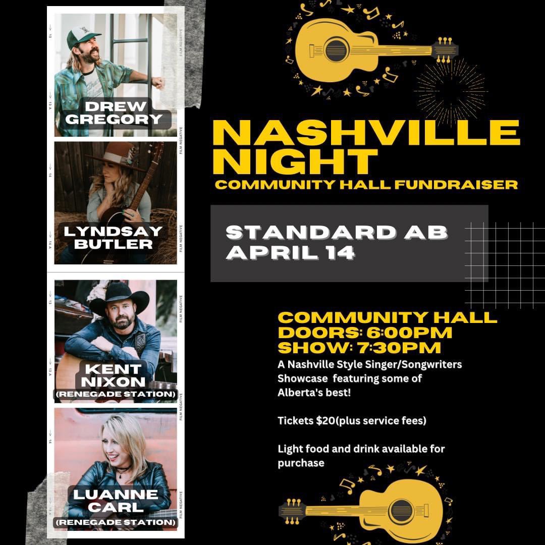 Bringing a taste of Nashville back to Standard April 14th! These nights are always a blast and this lineup is going to be a special one with some really good friends! You can get tickets now bit.ly/3JqVExG

#wheatlandcounty #singersongwriter #standardalberta #hussar