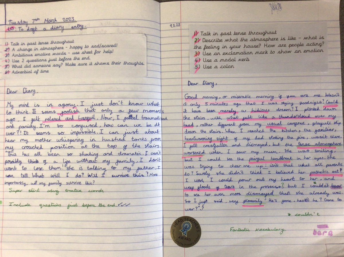 TJPrimary's tweet photo. To enhance 6HP’s diary writing they took themselves back to September 1939, imagining they were sat at home with their family, when all of a sudden an announcement came on the radio.. A diary entry like no other. #TJEnglish #TJYear6 https://t.co/xf6sYqnitP