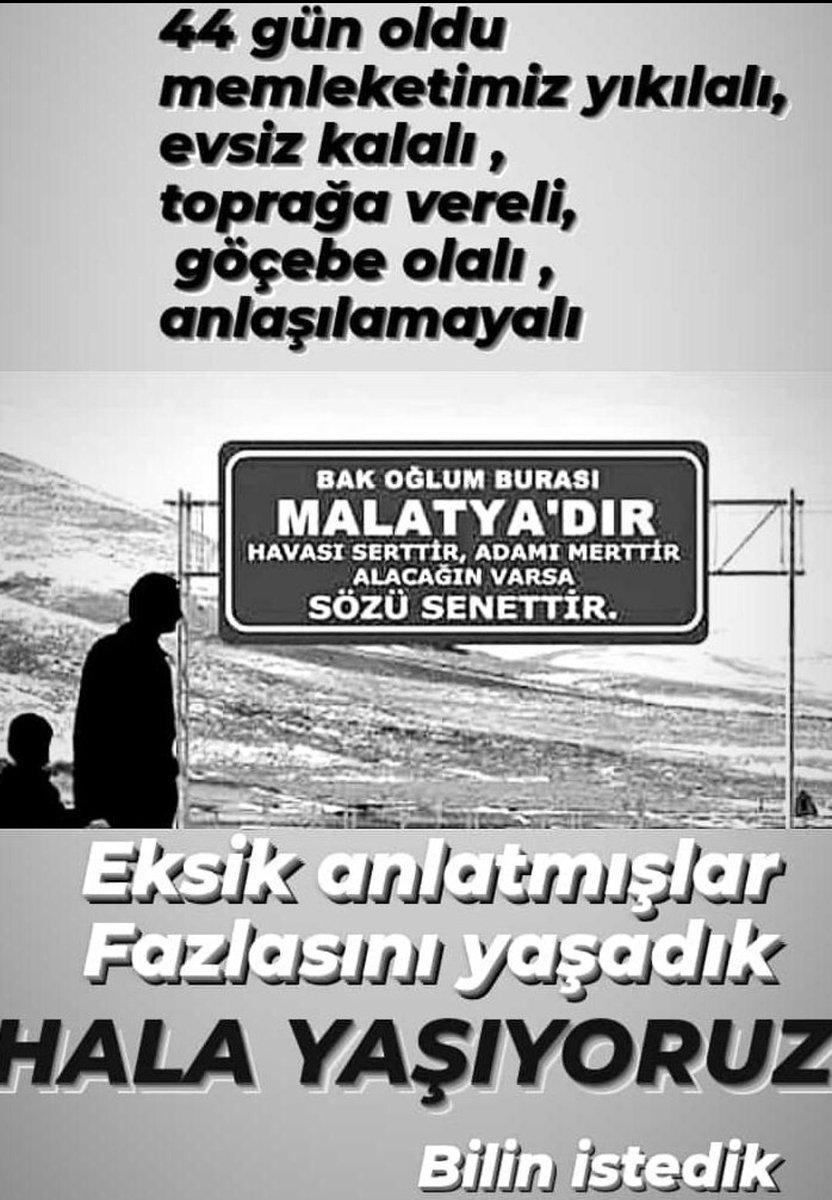 Herşeye rağmen dik duracağız... Yaşadıklarımız size nasıl anlatıldı bilmiyorum ama emin olun ki fazlasını yaşadık.....

#sahipsizmalatya  #malatyadeprem #MalatyaYalnızKaldı  #MalatyaEnkazınAltındaKaldı