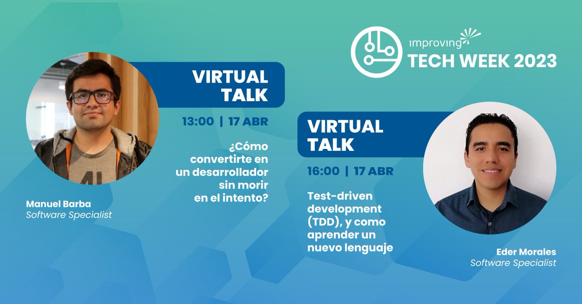 ImprovingMxJobs's tweet image. ¡Unete a nuestras siguientes charlas virtuales de #TechWeek2023!  

Manuel Barba y Eder Morales (Software Specialists) de Improving, compartirán su conocimiento y experiencias en la industria de TI. 

¡No te pierdas la oportunidad! 

Registrate hoy: hubs.li/Q01HJwGX0
