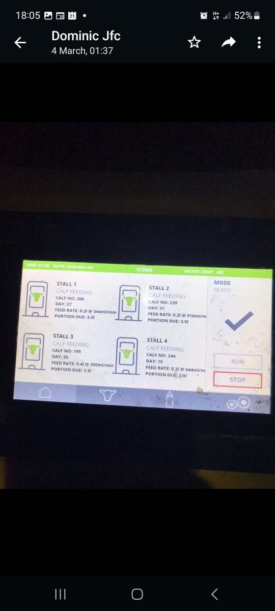 Our <a href="/JFCAgri/">JFC Agri</a> automatic calf feeder got broke down late one evening. I called their technician, Dominic who was out within an hour, fixed the problem and stayed putting calves in to ensure they got a feed until 1:30am. I woke up to this message from him. What service!!