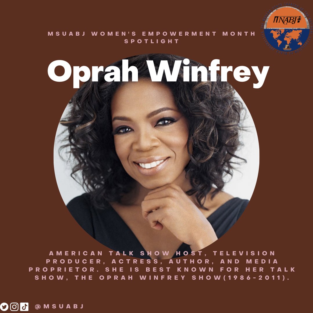 W.E.M. spotlight #2: Oprah Winfrey. She is an American talk show host, television producer, actress, author, and media proprietor, who is best known for her talk show, The Oprah Winfrey Show, which ran from 1986-2011. Join us on Thursday for another spotlight!! #msuabj