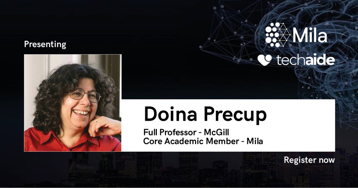 Mila_Quebec's tweet photo. We are thrilled to announce Doina Precup as our third keynote speaker for the Mila @TechaideMTL event.

Want to attend this talk? Register now 👉 https://t.co/HuksgJty8q https://t.co/c1yJ2W2IVP